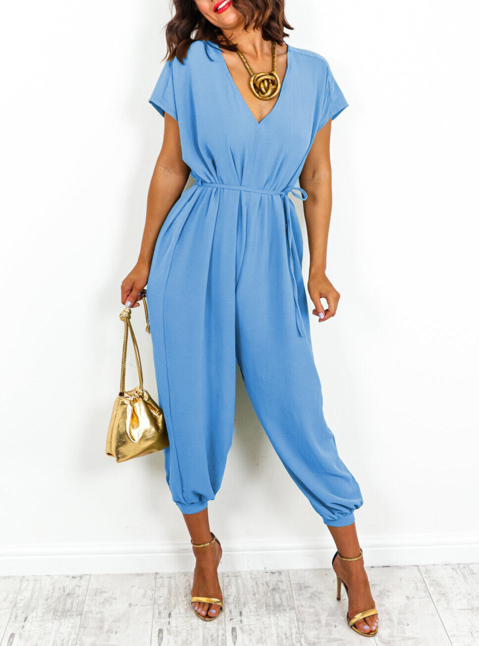 Women's harem pants with V-neck and lacing at the waist wide leg