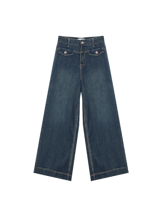 Women's High Waist Slim Retro Faux Pocket Jeans
