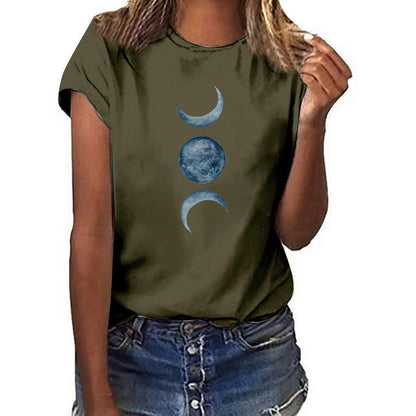 Casual European and American moon print round neck t-shirt