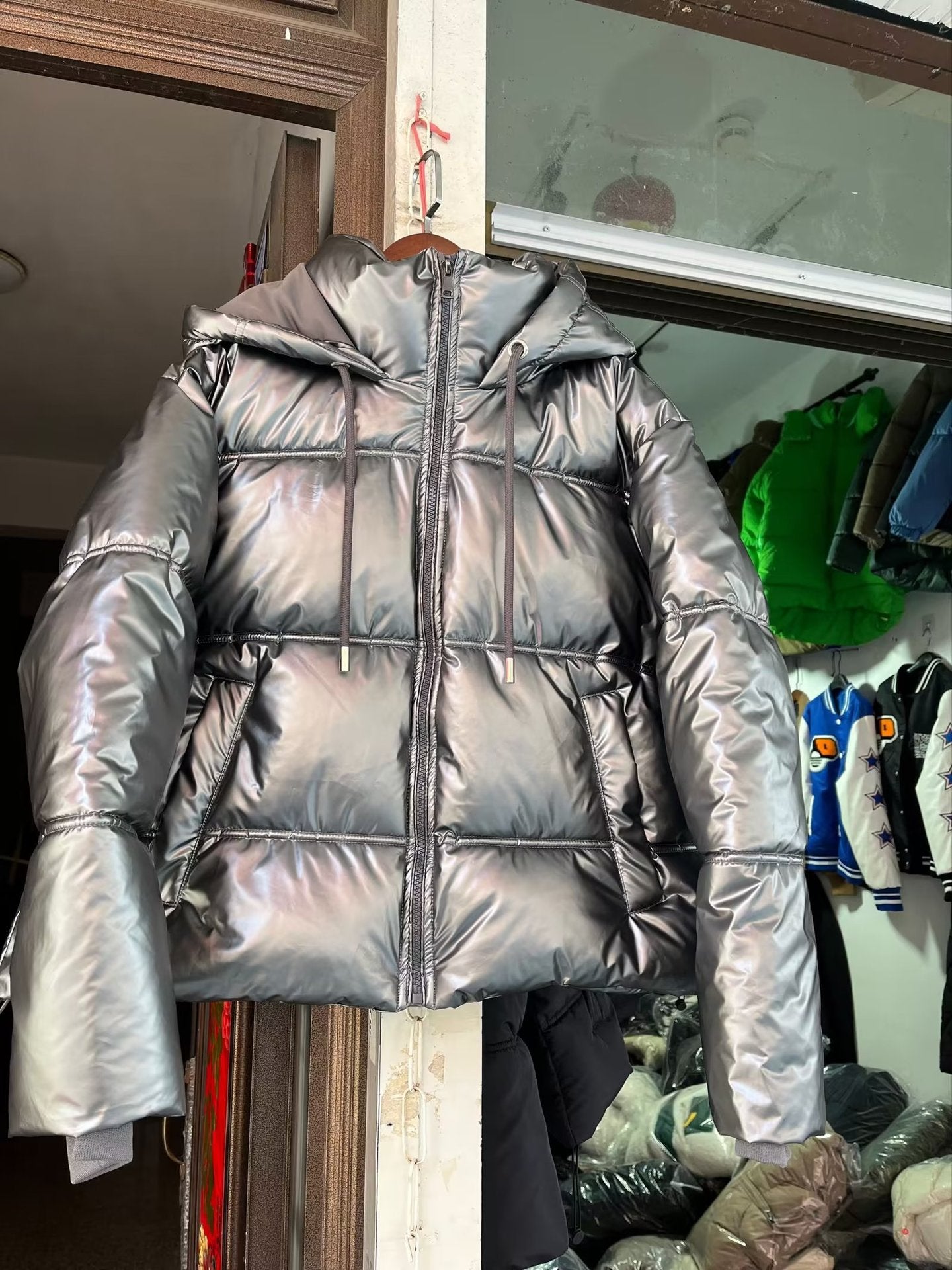 Cotton padded clothing with silver shiny surface and skin feel