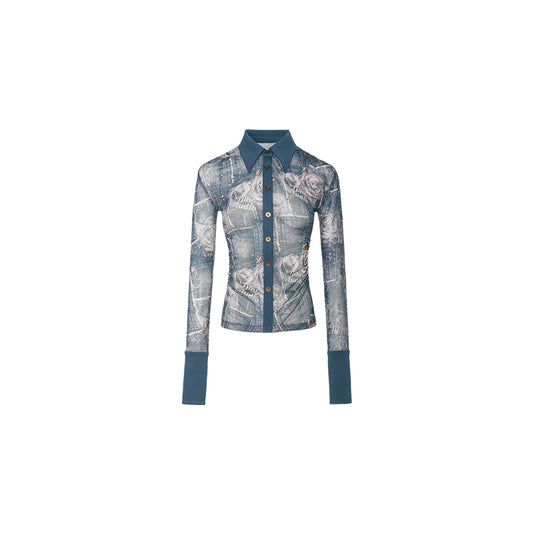 Mid-length printed mesh shirt with pleated waist