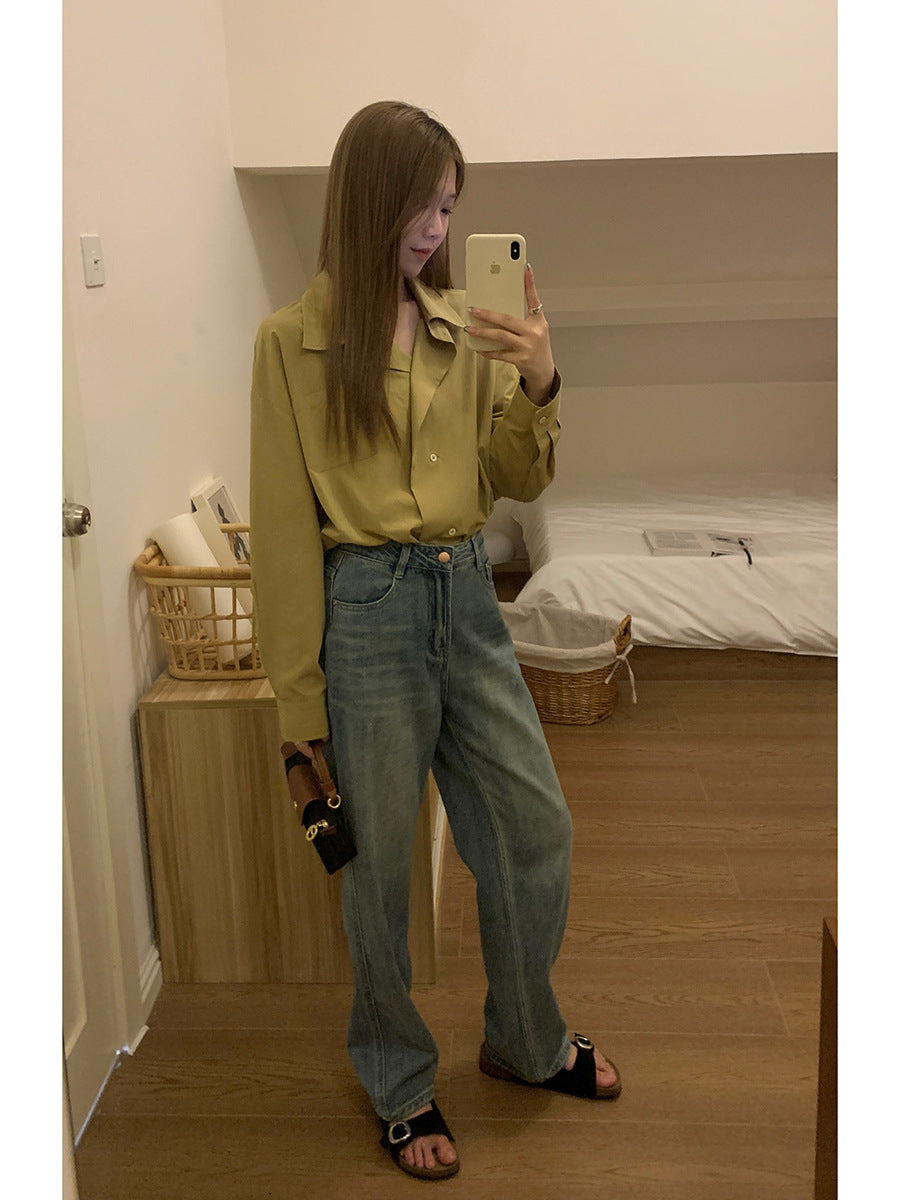 High waist slimming blue straight mop pants for women