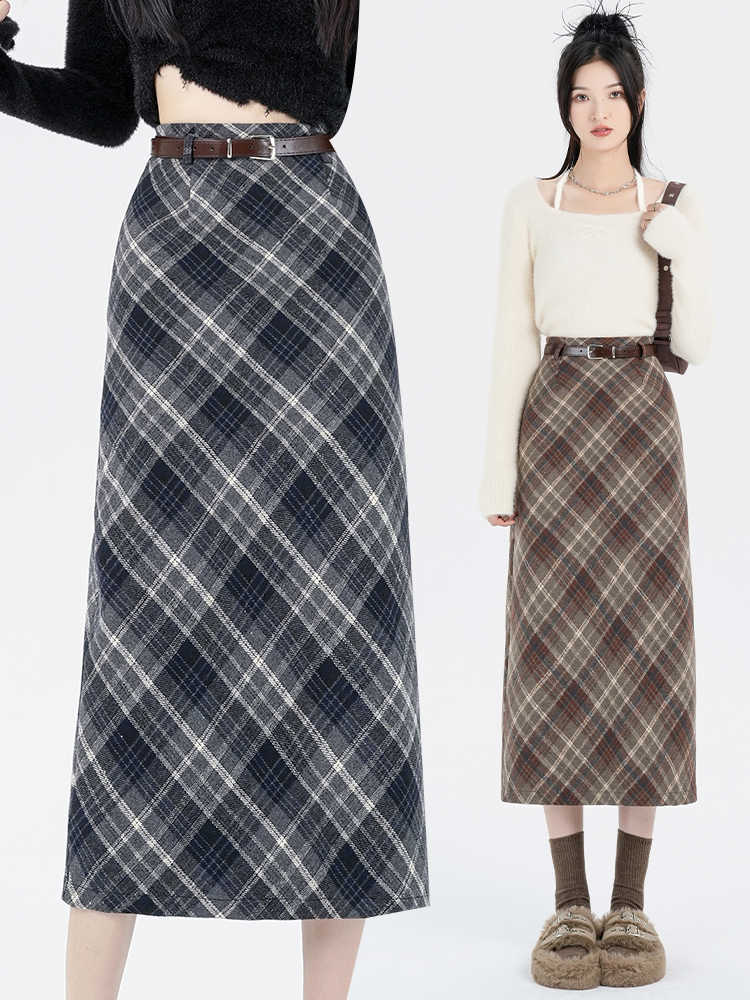 Straight Woolen Plaid Skirt Mid-length Hip Skirt