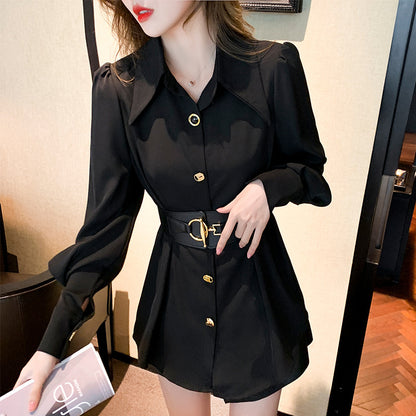 New spring elegant long sleeve blouse with metal buckle and belt