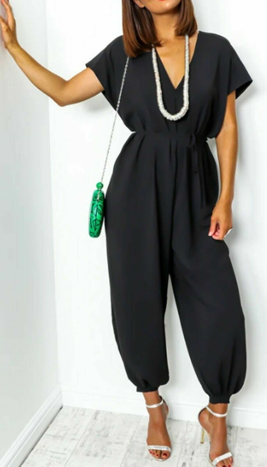 Women's harem pants with V-neck and lacing at the waist wide leg