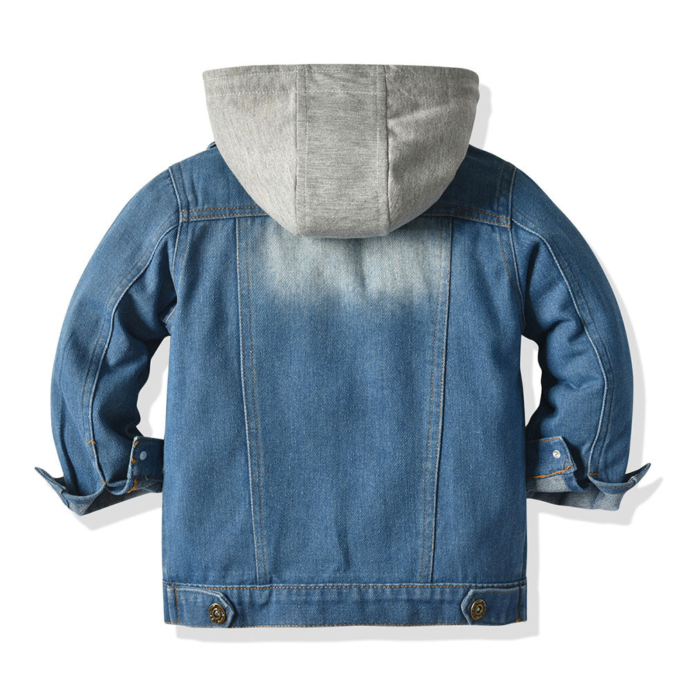 Fake two-piece denim jacket for kids fashionable casual top for kids with hood