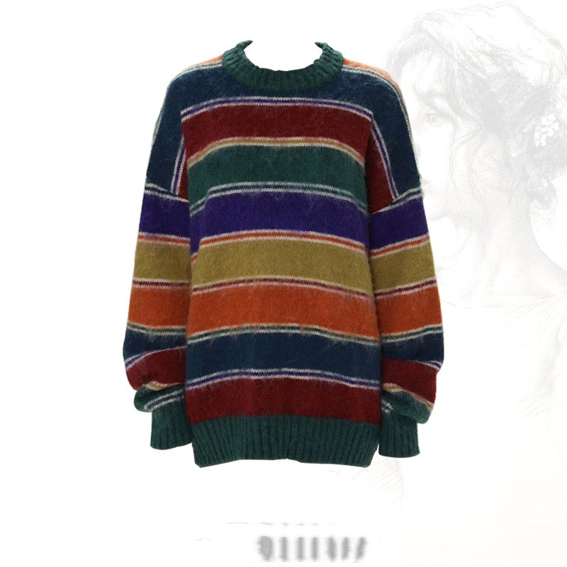 Retro sweater with contrasting rainbow round neck for women