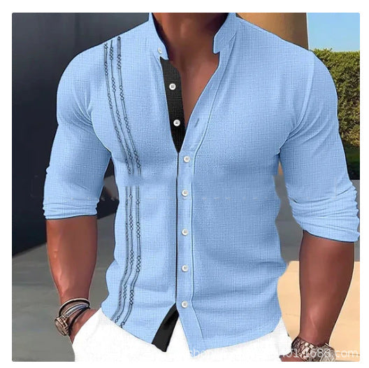 Summer men's fashion long-sleeved shirt with stand-up collar and buttons