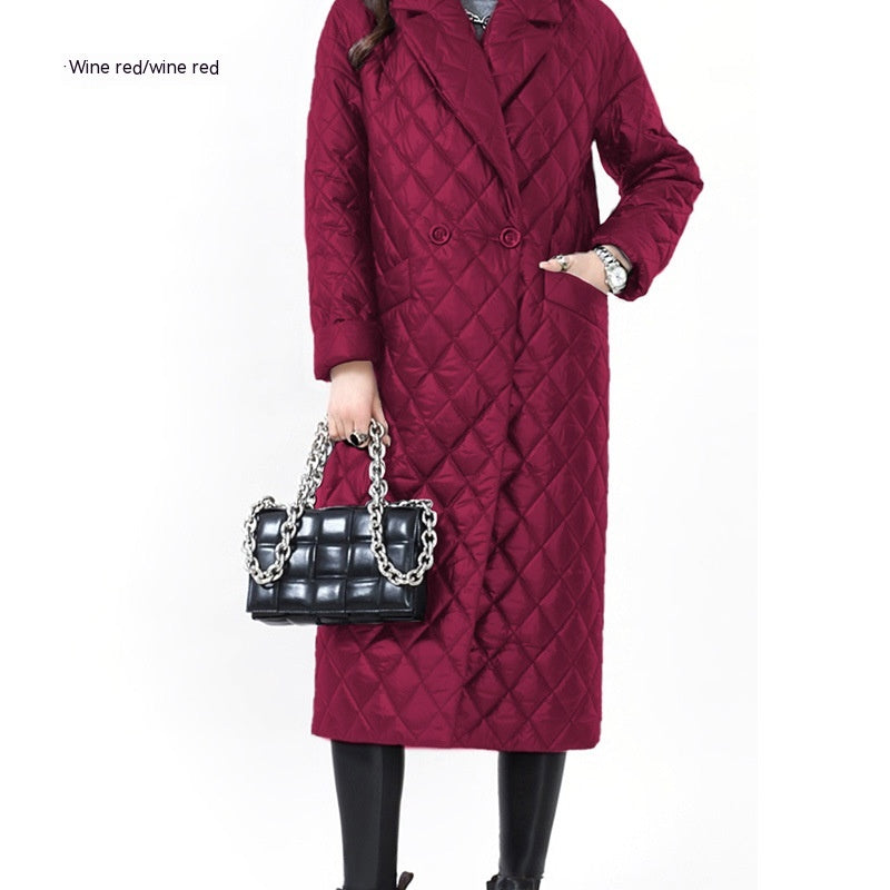 Long thin women's coat with lapels and cotton