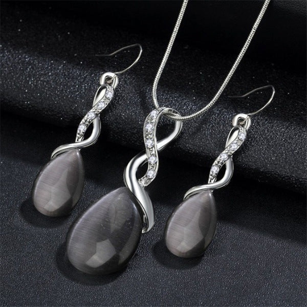 Fashion Opal Jewelry Sets For Woman Cubic Zirconia Water Drop Necklace Pendant Earrings Statement Bridal Wedding Party Gift 