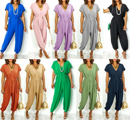 Women's harem pants with V-neck and lacing at the waist wide leg