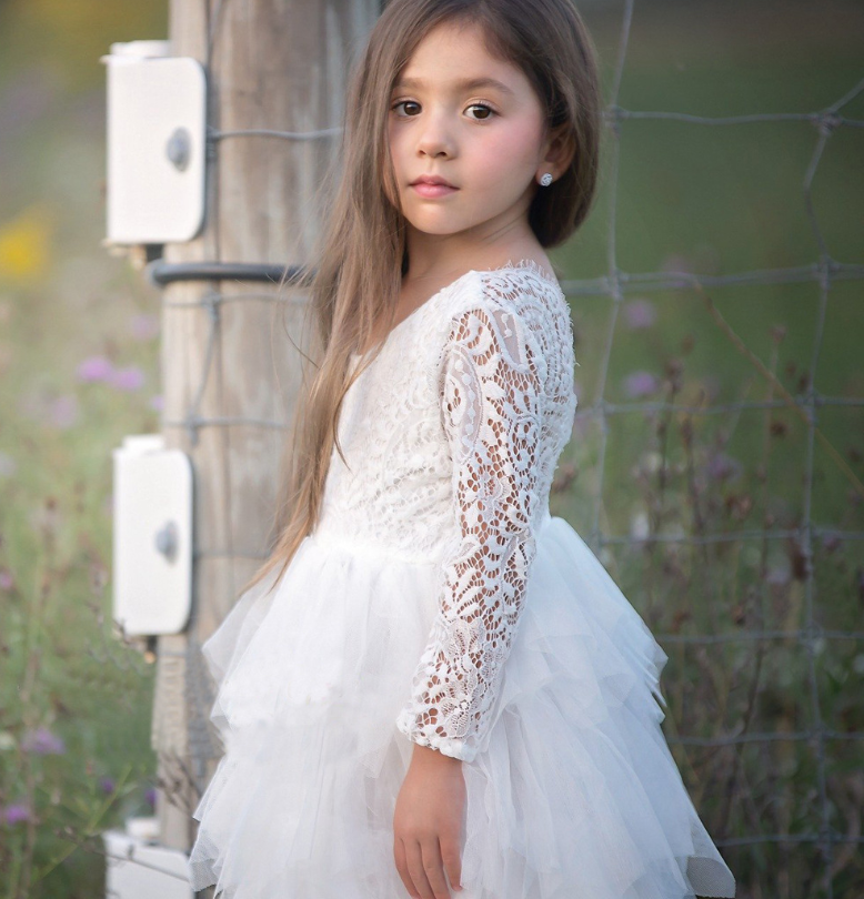 Autumn And Winter Explosions Hollow Children Skirt Lace Long-sleeved Girl White Princess Dress Irregular Dress