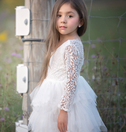 Herbst Und Winter Explosionen Hohl Kinder Rock Spitze Lange ärmeln Mädchen Weiß Prinzessin Kleid Unregelmäßiges Kleid