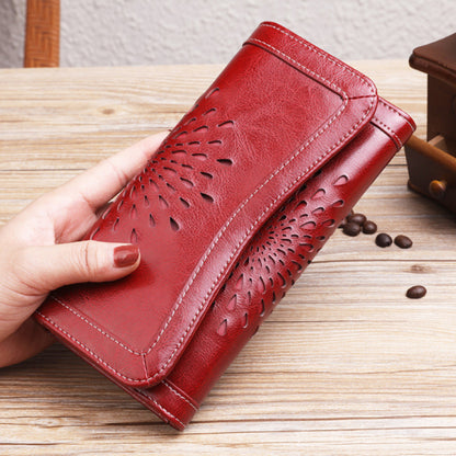 Fashionable long retro wax leather wallet for women