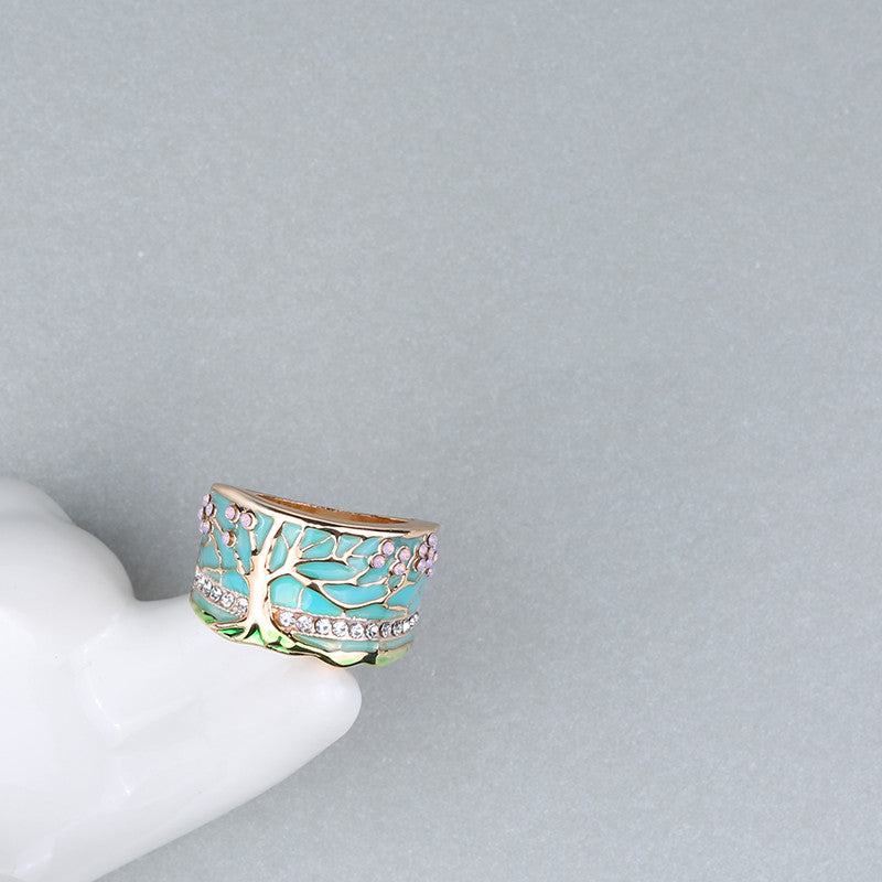 Flower Tree Rings Fashion Gold Pink Opal Green Enamel Wide Ring For Woman Party Crystal Vintage Jewelry