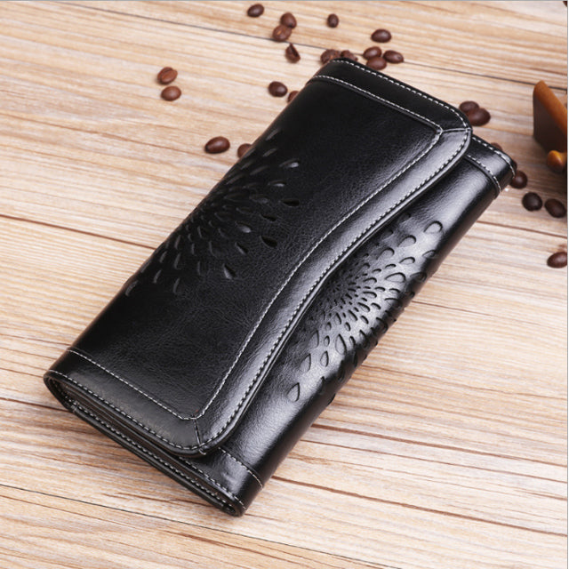 Fashionable long retro wax leather wallet for women