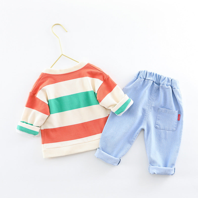 Jungen und Mädchen dreiteilige Baby-Baumwoll-Regenbogen-gestreifte Strickjacke Jeans Kinder