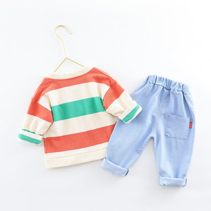 Jungen und Mädchen dreiteilige Baby-Baumwoll-Regenbogen-gestreifte Strickjacke Jeans Kinder