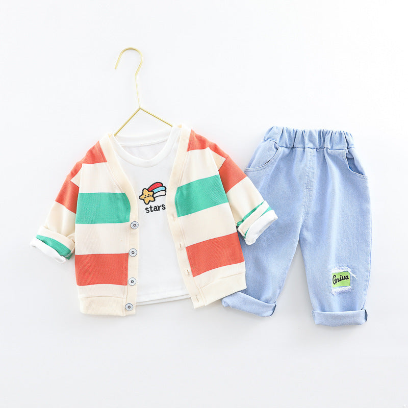 Jungen und Mädchen dreiteilige Baby-Baumwoll-Regenbogen-gestreifte Strickjacke Jeans Kinder