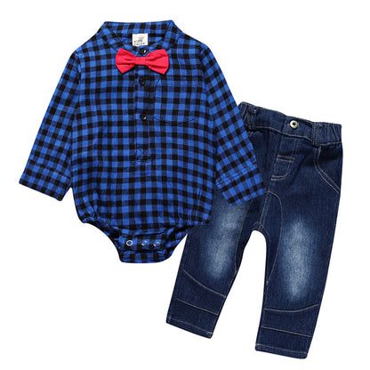 Junge Gentleman Plaid Anzug Baby Einteiler Anzug Tasche Furz Kleidung Jeans Kinder Anzug
