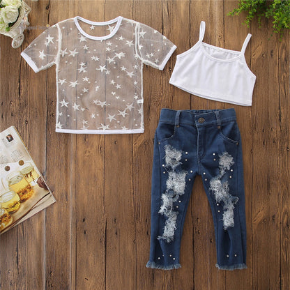 Kleinkind Kinder Mädchen Kurzarm Stern T-shirt Tops Loch Denim Hosen Perlen Jeans 2PCS Kleidung Set