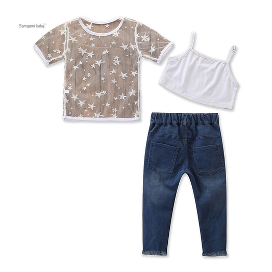Toddler Kids Girls Short Sleeve Star T-shirt Tops Hole Denim Pants Pearls Jeans 2PCS Clothes Set
