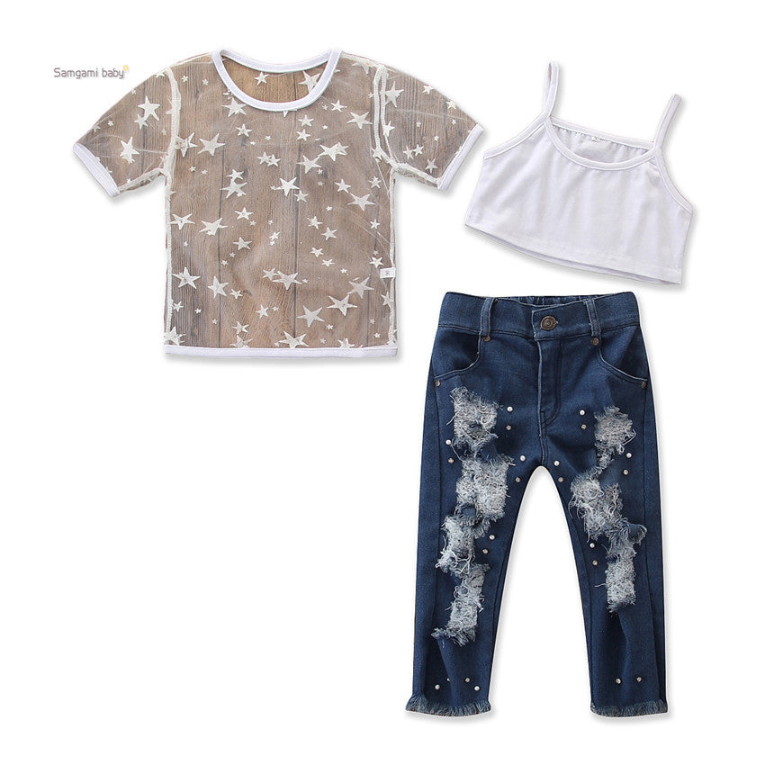 Kleinkind Kinder Mädchen Kurzarm Stern T-shirt Tops Loch Denim Hosen Perlen Jeans 2PCS Kleidung Set