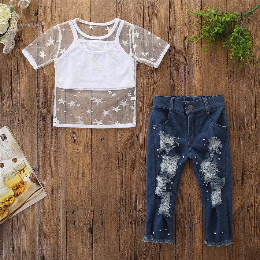 Toddler Kids Girls Short Sleeve Star T-shirt Tops Hole Denim Pants Pearls Jeans 2PCS Clothes Set