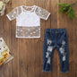 Toddler Kids Girls Short Sleeve Star T-shirt Tops Hole Denim Pants Pearls Jeans 2PCS Clothes Set