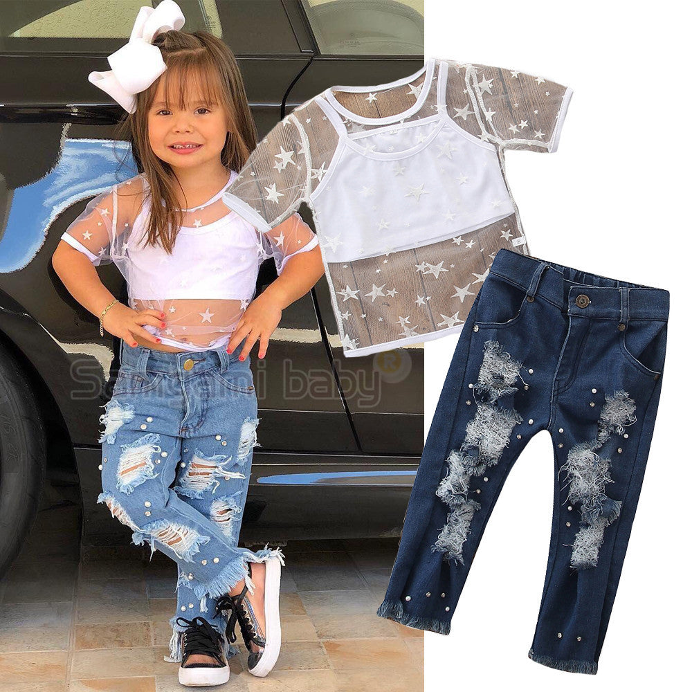 Toddler Kids Girls Short Sleeve Star T-shirt Tops Hole Denim Pants Pearls Jeans 2PCS Clothes Set