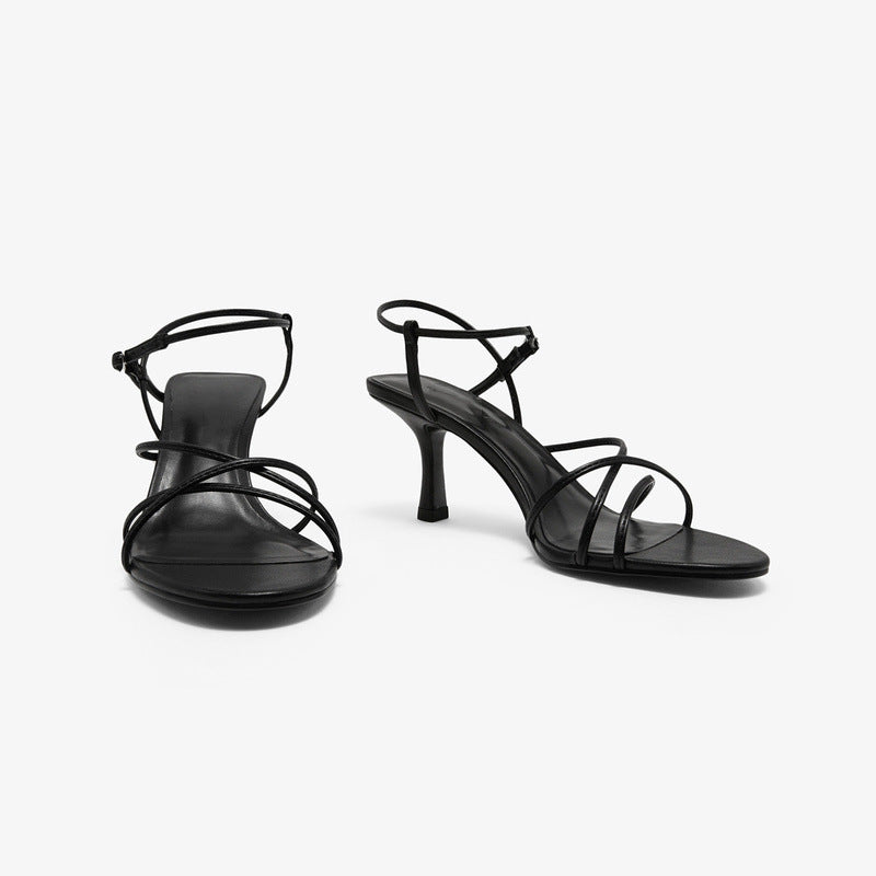 Simple diagonal strap high heel open toe sandals for women with narrow heel