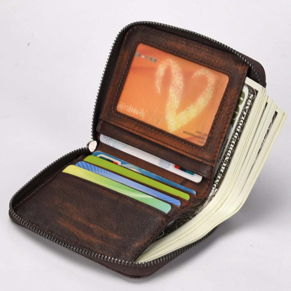 Men's leather wallet short head men's retro wallet vertical zipper leisure youth wallet