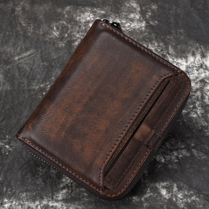 Men's leather wallet short head men's retro wallet vertical zipper leisure youth wallet