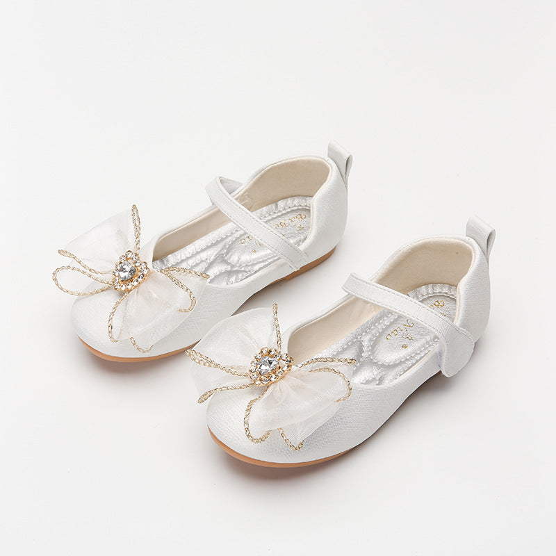 Spring new girls single shoes cute bow rhinestone flat shoes with soft sole