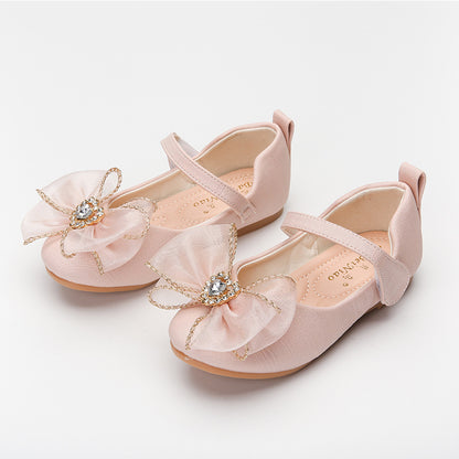 Spring new girls single shoes cute bow rhinestone flat shoes with soft sole