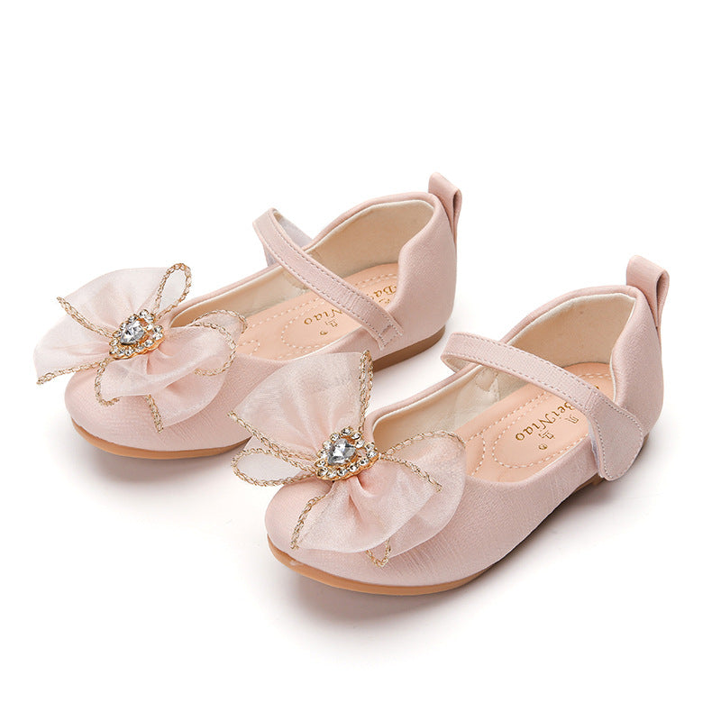 Spring new girls single shoes cute bow rhinestone flat shoes with soft sole