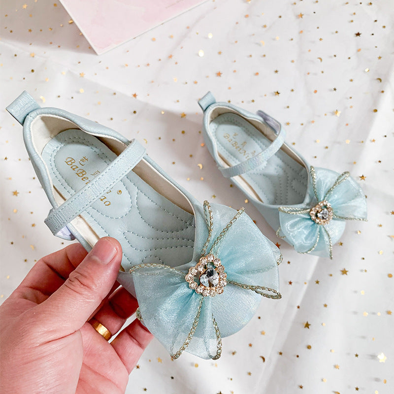 Spring new girls single shoes cute bow rhinestone flat shoes with soft sole