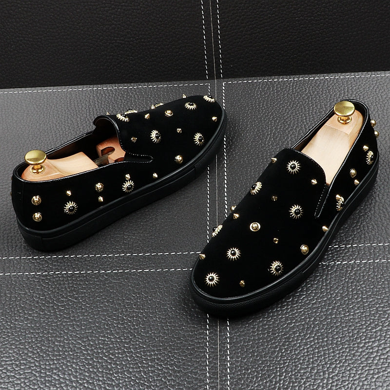 Moccasins Lazy Loafers Casual Shoes Head Slip-On Men's Fashion Round Flats Punk Rivets