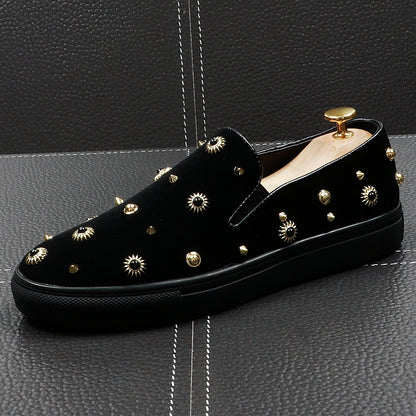 Moccasins Lazy Loafers Casual Shoes Head Slip-On Men's Fashion Round Flats Punk Rivets