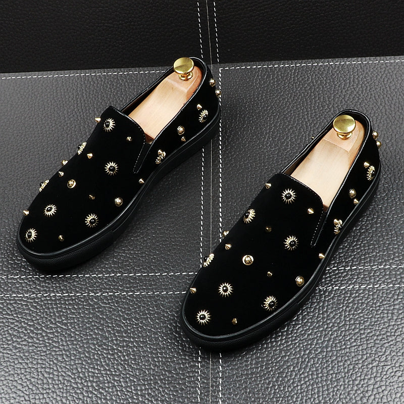 Moccasins Lazy Loafers Casual Shoes Head Slip-On Men's Fashion Round Flats Punk Rivets