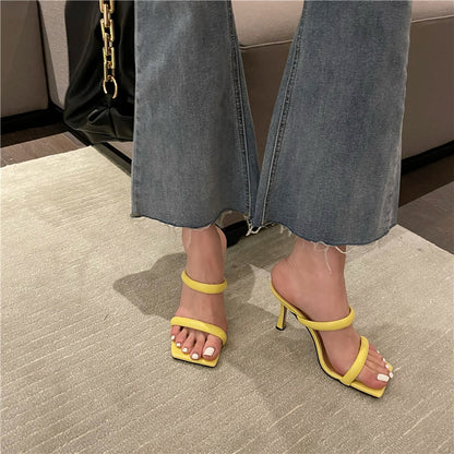 Square toe high heel sandals and slippers. Candy colored women's stiletto heel shoes