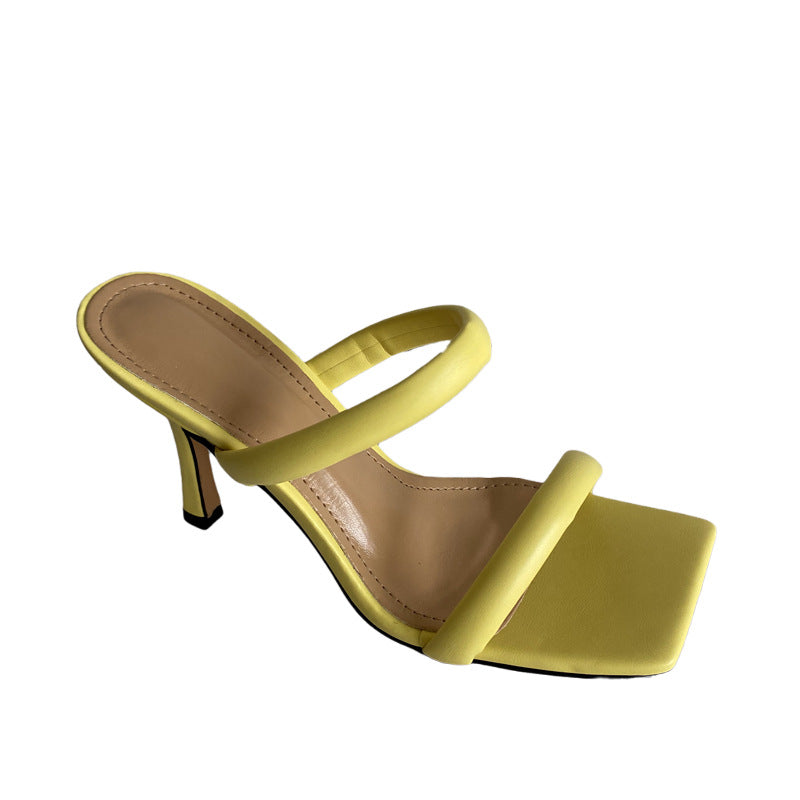 Square toe high heel sandals and slippers. Candy colored women's stiletto heel shoes