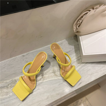 Square toe high heel sandals and slippers. Candy colored women's stiletto heel shoes