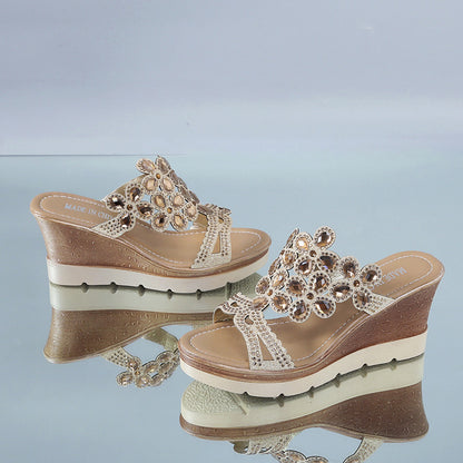 Rhinestone platform sandals and slanted heel slippers