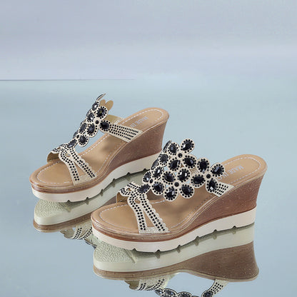 Rhinestone platform sandals and slanted heel slippers