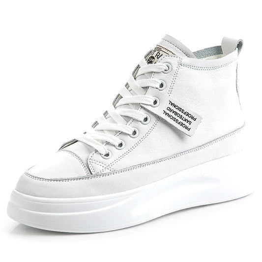 New slim and versatile white high-top leather shoes for women