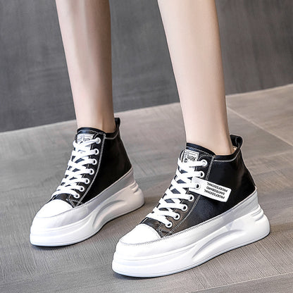 New slim and versatile white high-top leather shoes for women