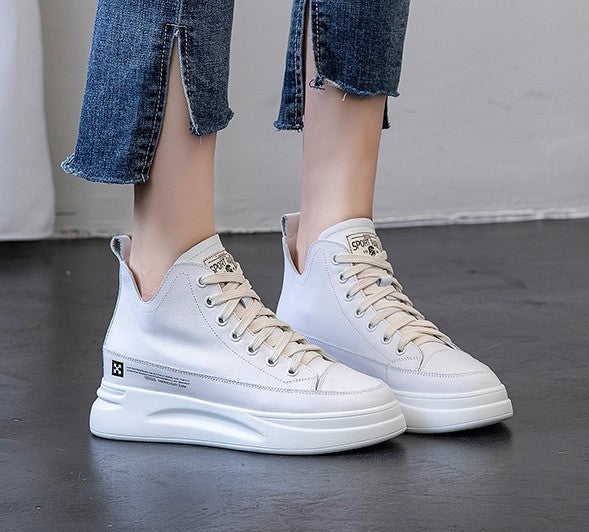 New slim and versatile white high-top leather shoes for women