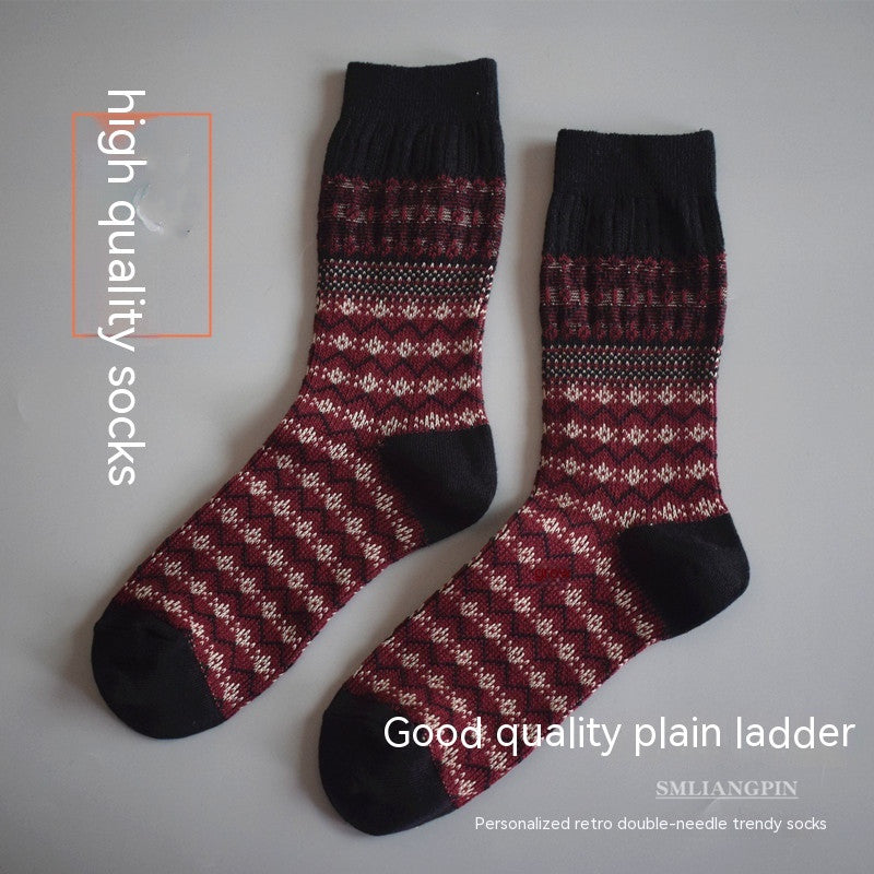 Mid-length double needle Christmas socks in artistic retro ethnic style