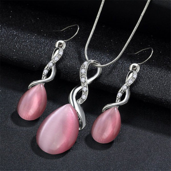 Fashion Opal Jewelry Sets For Woman Cubic Zirconia Water Drop Necklace Pendant Earrings Statement Bridal Wedding Party Gift 